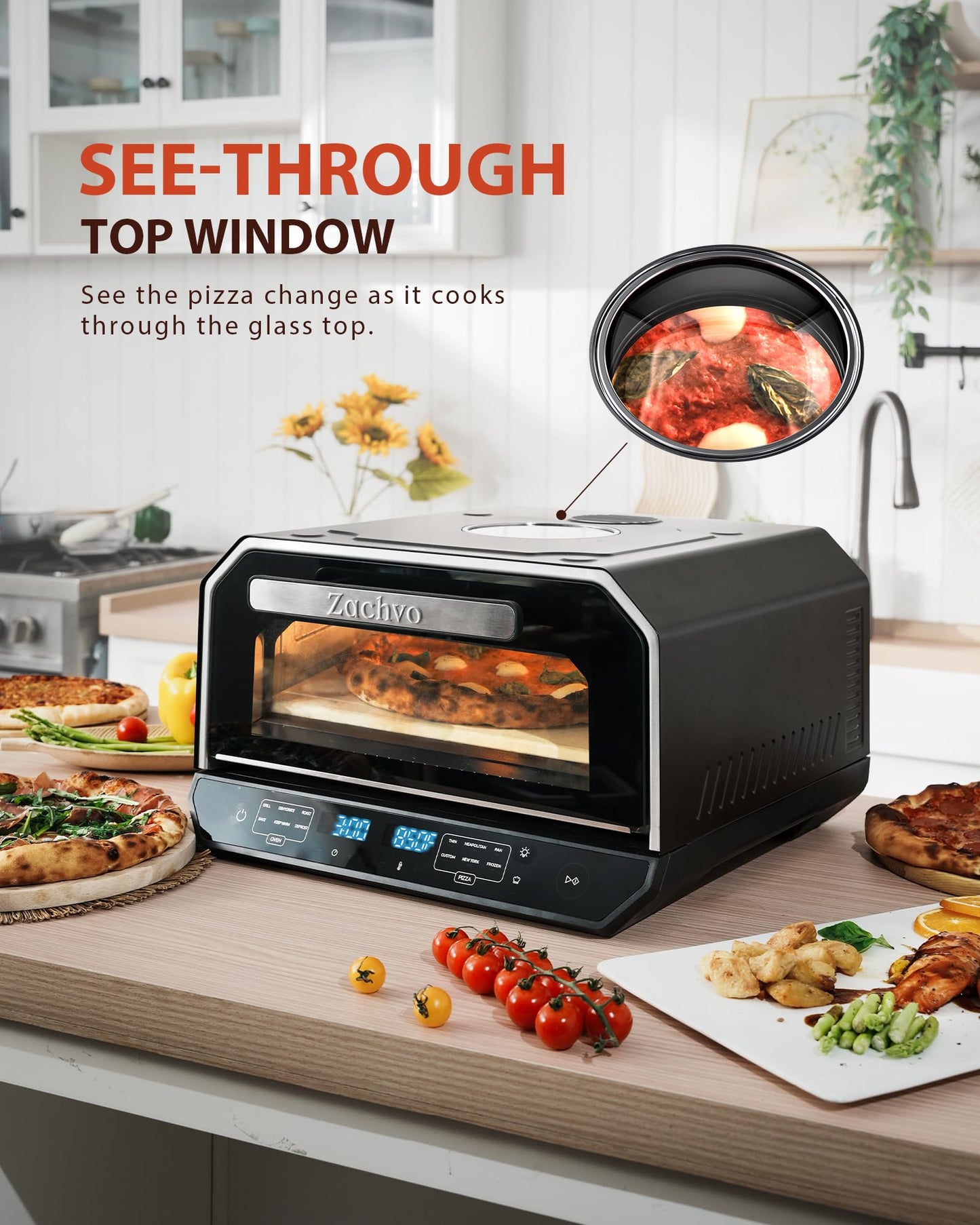 Indoor Pizza Oven, 12 Inch Pizza in 90 Seconds, Heats up to 850°F Pizza Maker, 12-in-1 Multi-Function with Bake, Roast, Grill & Dehydrate, 12 Touchscreen Presets, Pizza Stone & Peel Included, Black