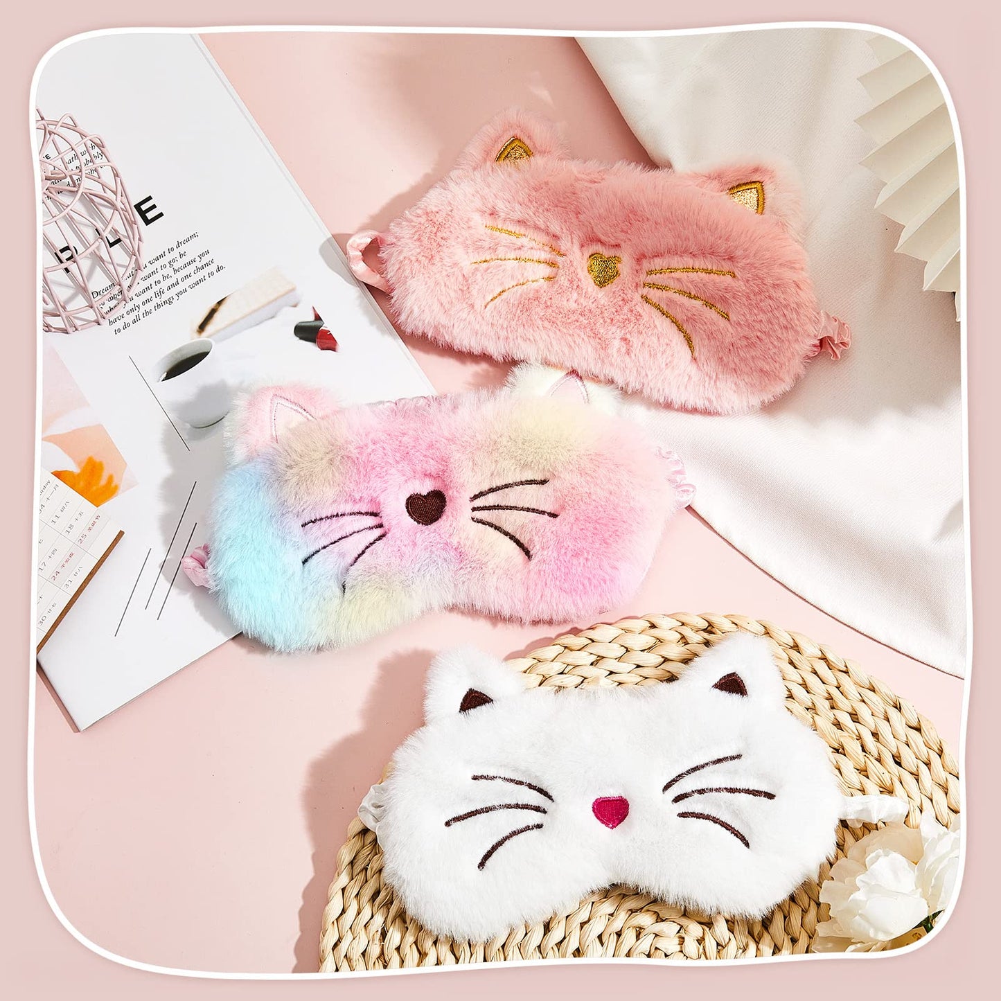 3 Pieces Sleep Mask for Kids, Girls Plush Sleeping Eye Cover Soft Eye Blindfold Cover Animal Shade for Kids(White, Pink and Rainbow Color,Cat Style)