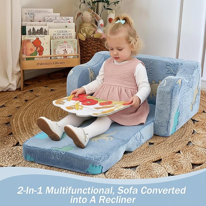 MeMoreCool Toddler Fold‑Out Couch for Ages 1‑3 yrs – Glowing Dinosaur Plush Kids Floor Sofa, Convertible 2‑in‑1 Lounger & Bed with Soft Washable Cover