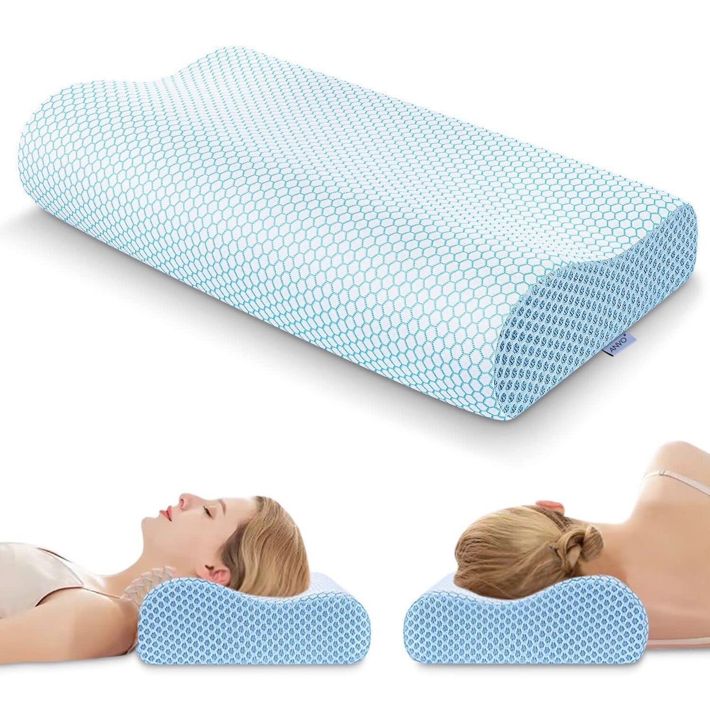 Anvo Memory Foam Pillow, Neck Contour Cervical Orthopedic Bed Pillow for Sleeping Side Back Stomach Sleeper, Ergonomic Design for Neck and Shoulder Pain Relief, Cyan, Firm