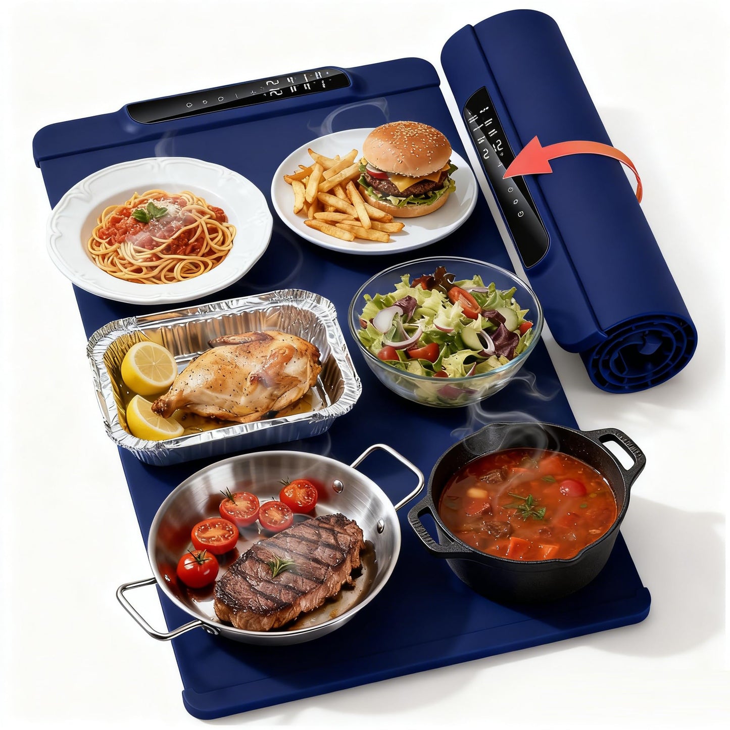 Food Warming Mat, 10s Fast Heating with 5 Modes & 10 Temp Settings, 0.5-10H Timer, Foldable & Easy-Clean Food Grade Silicone Mat for Desk, Table, Home Kitchen (Blue, 26 * 15 inch)