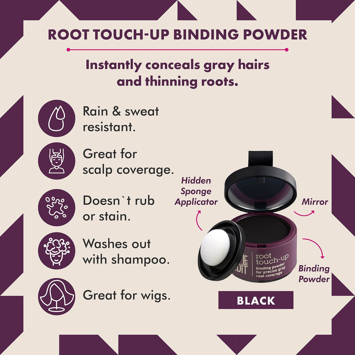 Root Touch Up Powder for Black Hair by Style Edit | Cover Color Grays and Roots Coverage Concealer Mineral Infused Binding Hairl