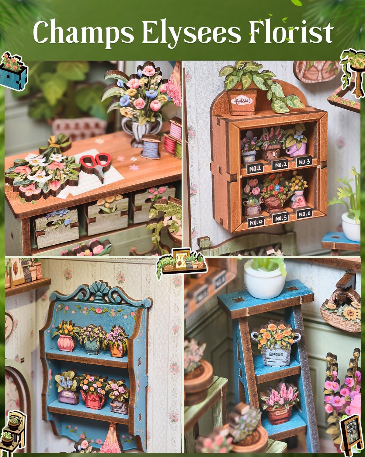 Cutefun Book Nook Kit - DIY Miniature Dollhouse Kit 3D Creative Decorative Bookend 3D Wooden Puzzle for Adults, Bookshelf Insert Room Decor with LED Light (Champs-Élysées Florist)
