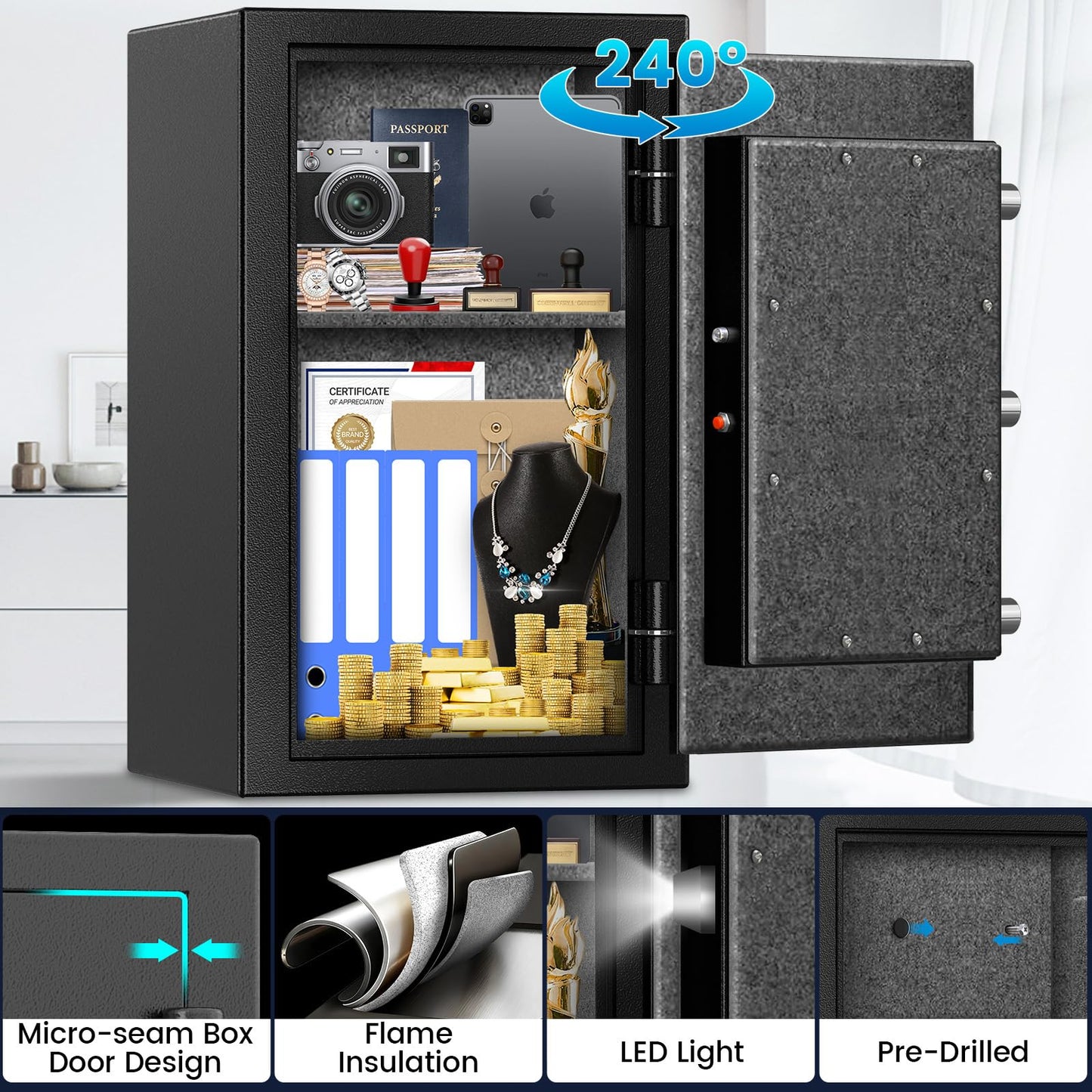 [2026 Upgraded] -35 Min Real Fireproof Safe-3.6 Cu Ft Large Safe for Home Use, Security Safe Box with Smart Alarm System, Wall & Floor Mount Anti-Theft Safe for Money Legal Documents Valuables Jewelry