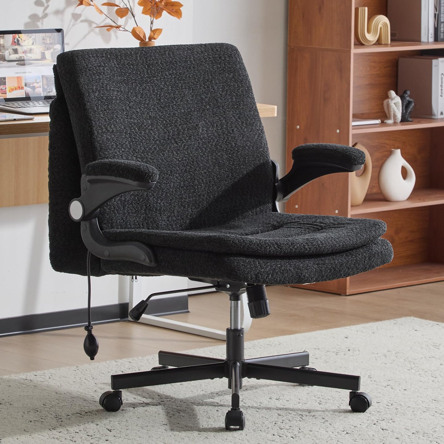 Criss Cross Legged Office Chair with Flip-Up Back Built-In Dynamic Airbag Lumbar Support, Wide Seat Desk Chair with Flip-Up Arms and Wheels, Modern Cross-Leg Chair for Home Office, Vanity, Black