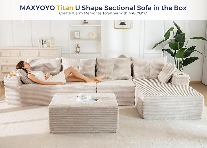 MAXYOYO 132" Giant U-Shaped Modular Sectional Couch, Modern Boneless Couch for Living Room, Sofa in A Box, Oversized Sofa Sleeper with Deep Seat, No Assembly Required, Grayish Beige