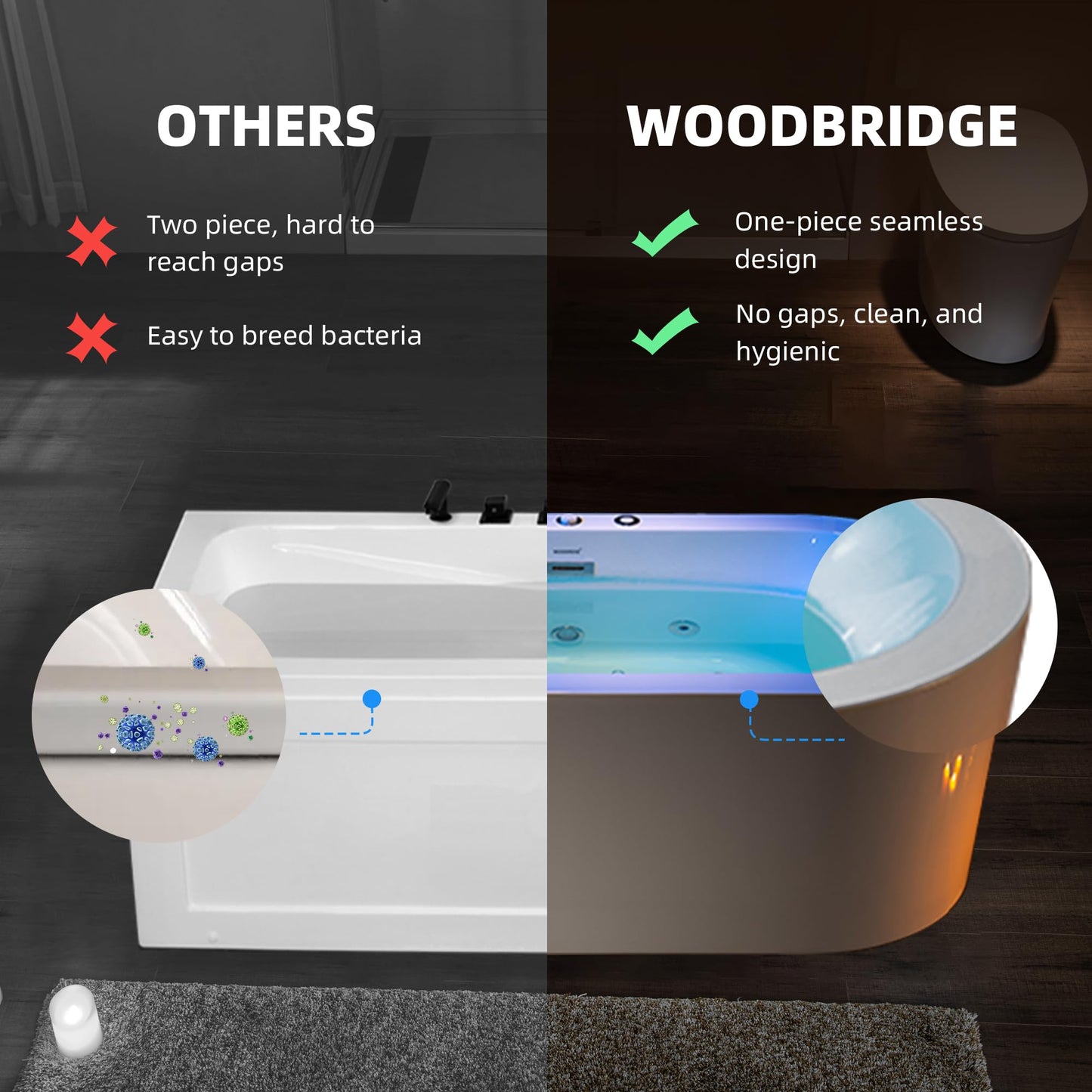 WOODBRIDGE 66-1/2" x 31-7/8" Whirlpool Water Jetted and Air Bubble Freestanding Heated Soaking Combination Bathtub,BJ-200