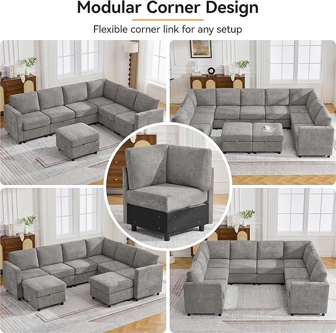 104'' U Shaped Modular Sofa, Sectional Couches with Storage for Living Room, Oversized 8 Seater Cloud Sectional Couch, Chenille Grey