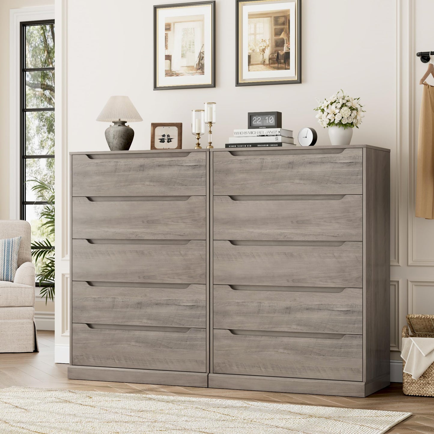HOSTACK 43.3" Tall Modern 5 Drawer Dresser for Bedroom, Large Chest of Drawers with Storage, Wood Clothes Storage Organizer with Cut-Out Handle, Accent Storage Cabinet for Living Room, Ash Gray