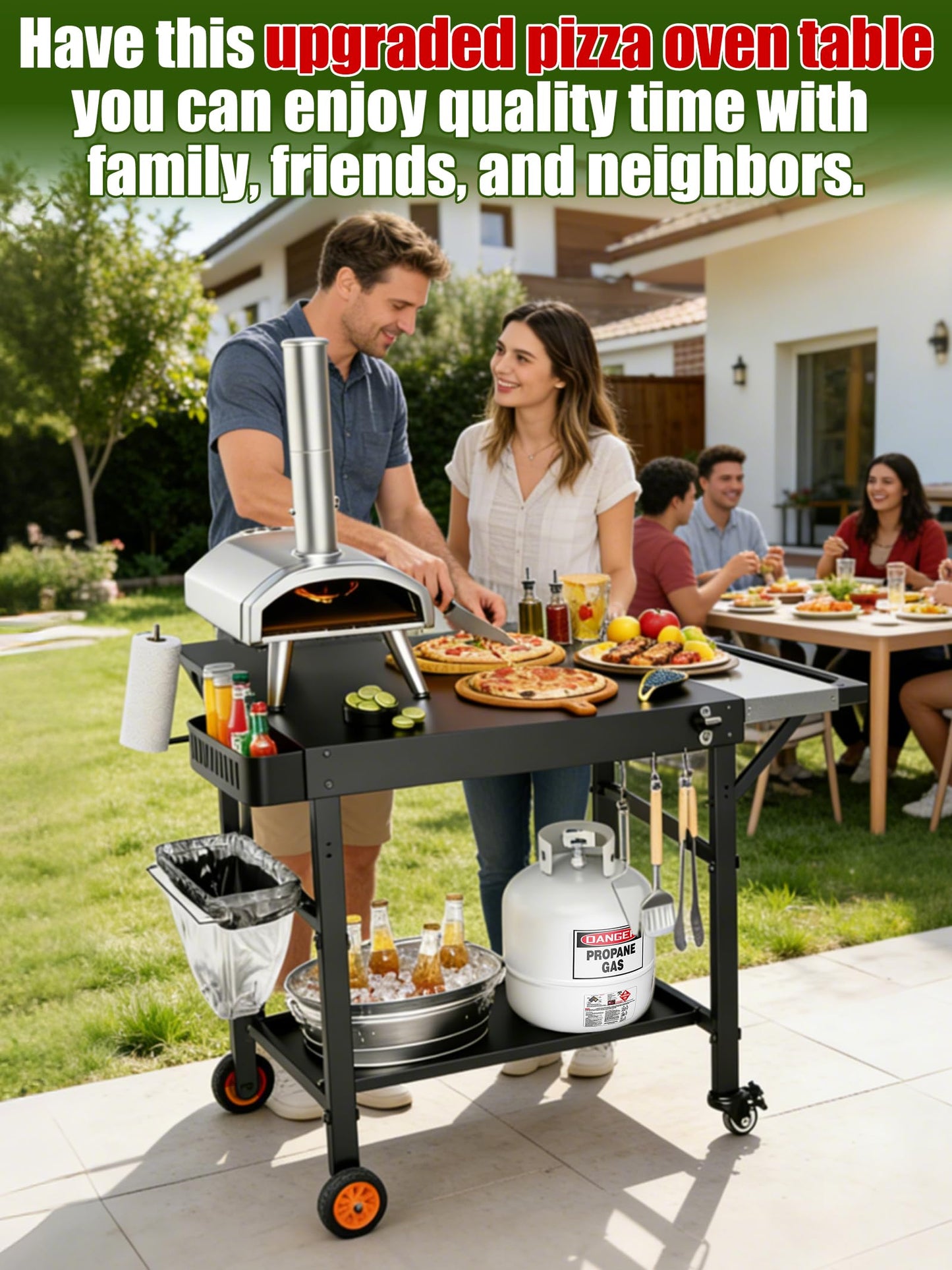Outdoor Pizza Oven Table, Movable Grill Side Table, Expansive Countertop Pizzas Oven Accessories, Pizzas Stands for Party with Wheels, Fits Ooni Blackstone Ninja Cuisinart Gozney