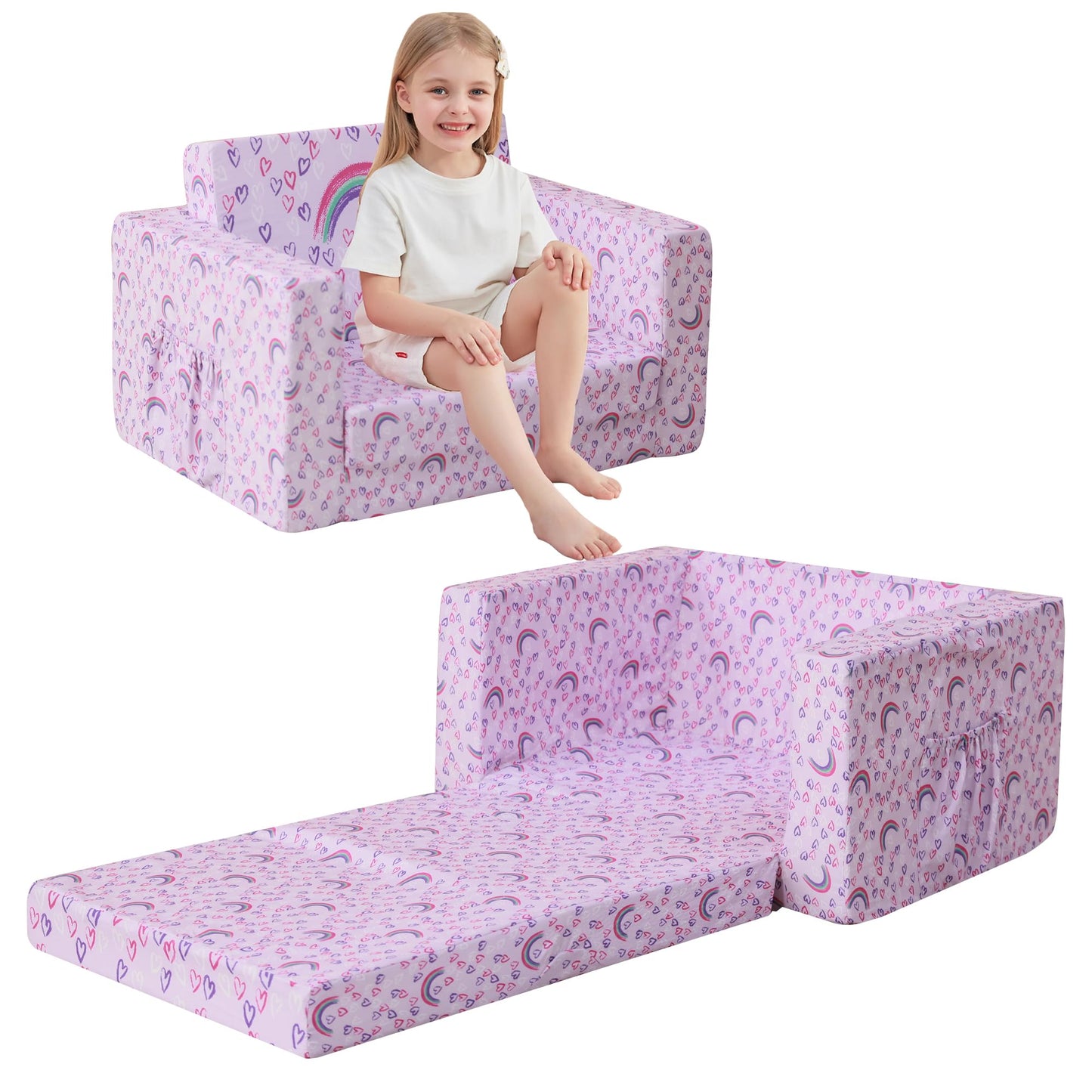 lasoftan Kids Sofa for Toddler, 2-in-1 Toddler Couch Fold Out, Convertible Sofa to Lounger Bed for Girls and Boys, with Removable Cover & Double Pockets - Purple Rainbow