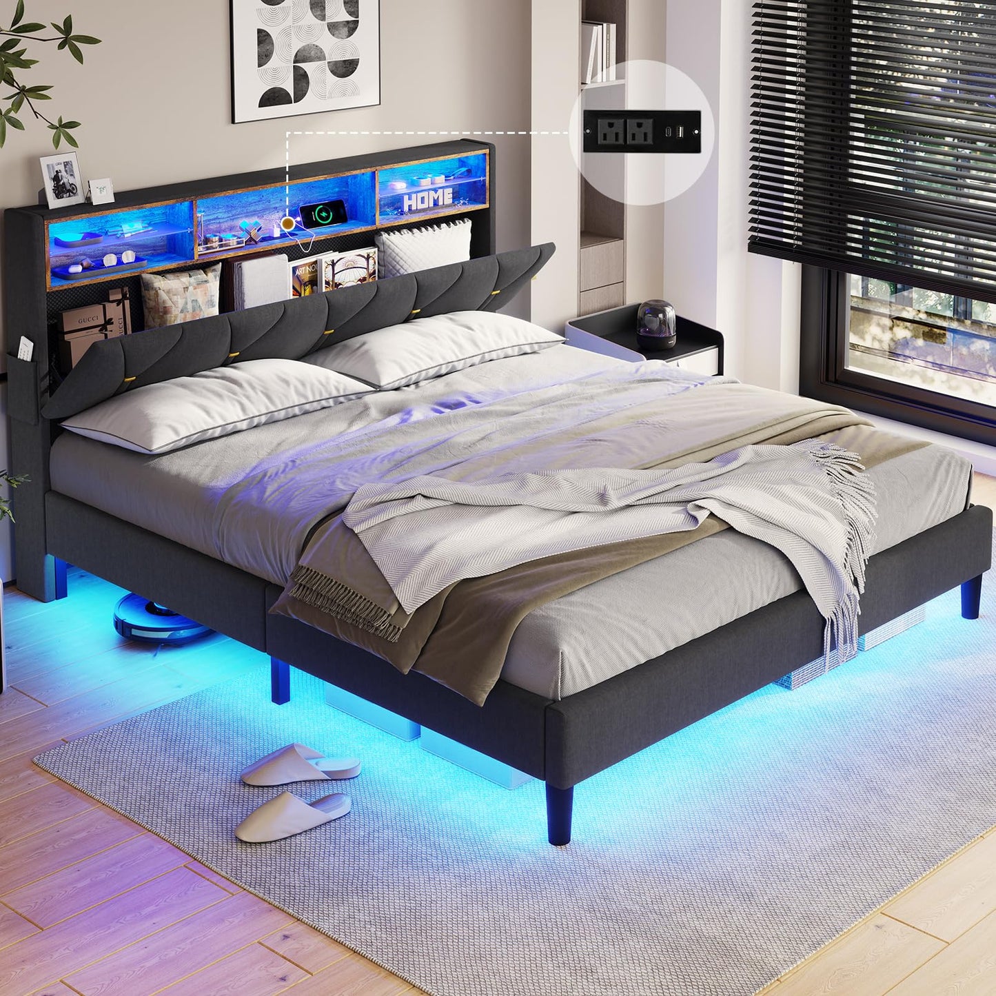 BTHFST Queen Bed Frame with Outlets and USB Ports, LED Bed Frame Queen Size with Storage Headboard, Upholstered Platform Bed with Shelf and LED Lights, No Box Spring Needed, Dark Grey