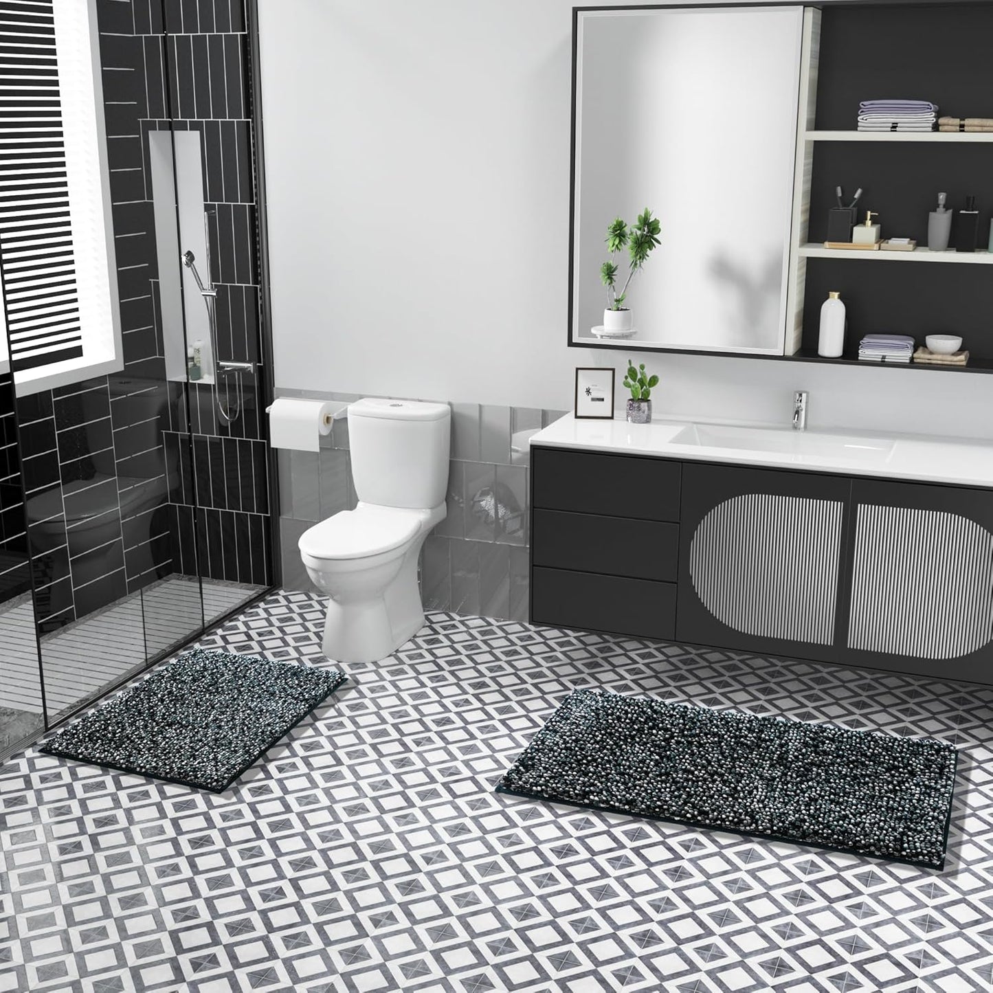 Yimobra Luxury Bathroom Rugs, 47x24, Extra Soft Chenille Mats for Bathroom Non Slip, Fluffy Long Matts for Tub, Plush Shaggy Carpet Runner, Water Absorbent, Machine Washable, Black & Dark Grey