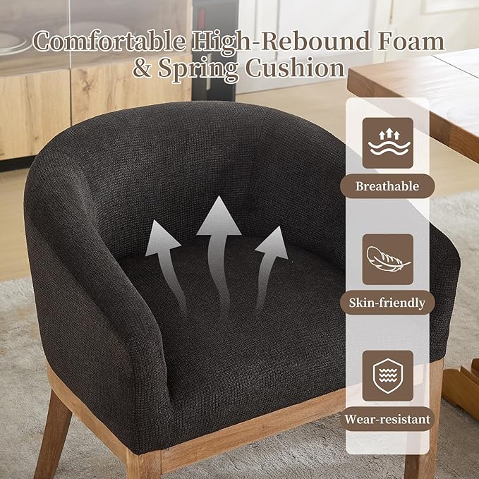 Shenyon Mid Century Modern Dining Chairs Set of 2, Upholstered Linen Fabric Dining Room Chairs with Arms and Solid Wood Legs, Comfy Barrel Accent Chairs for Dining Room, Living Room, or Cafe,Black
