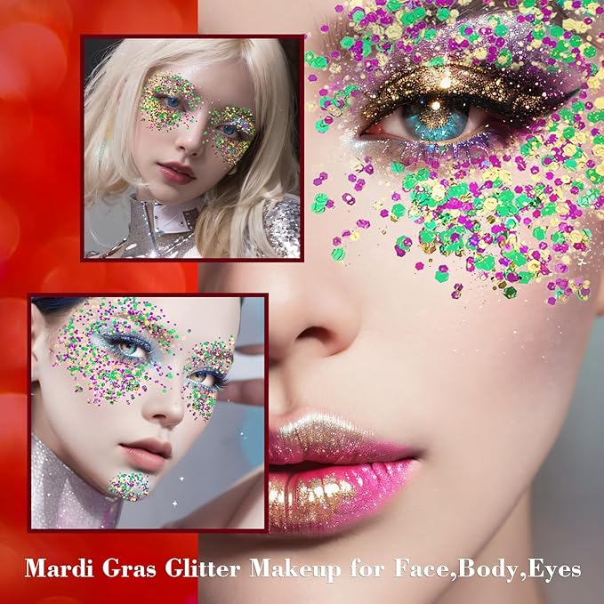 MEICOLY Purple and Gold Face Body Glitter Set, Mardi Gras Face Glitter,Mardi Gras Outfit for Women Kids,Mardi Gras Accessories for Carnival,Sparkly Chunky Glitter Makeup for Rave Festival