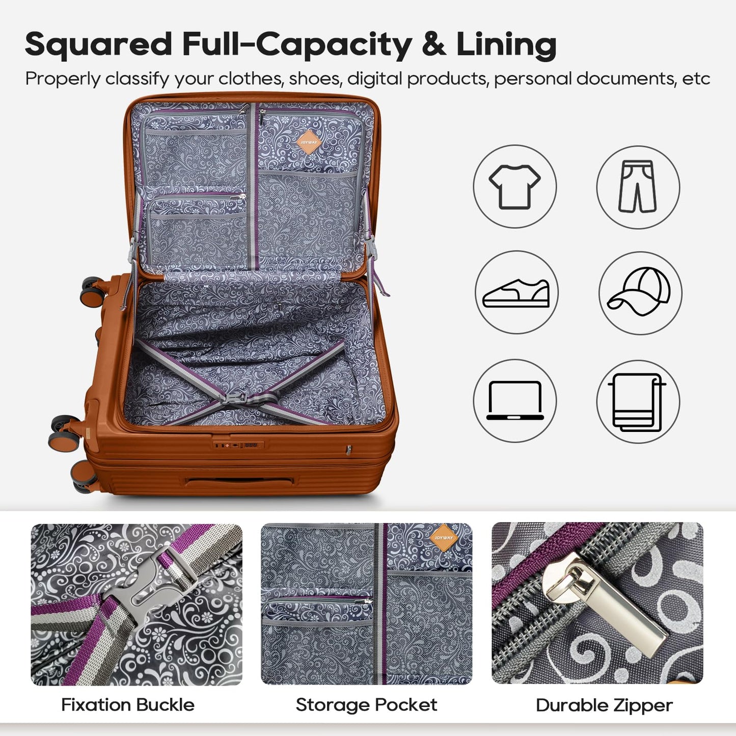 Joyway Luggage Sets 5 Piece with Front Pocket, Expandable Top Opening Suitcase Set, PC Hardside Carry on Suitcase with Spinner Wheels and TSA Lock (Coffee)
