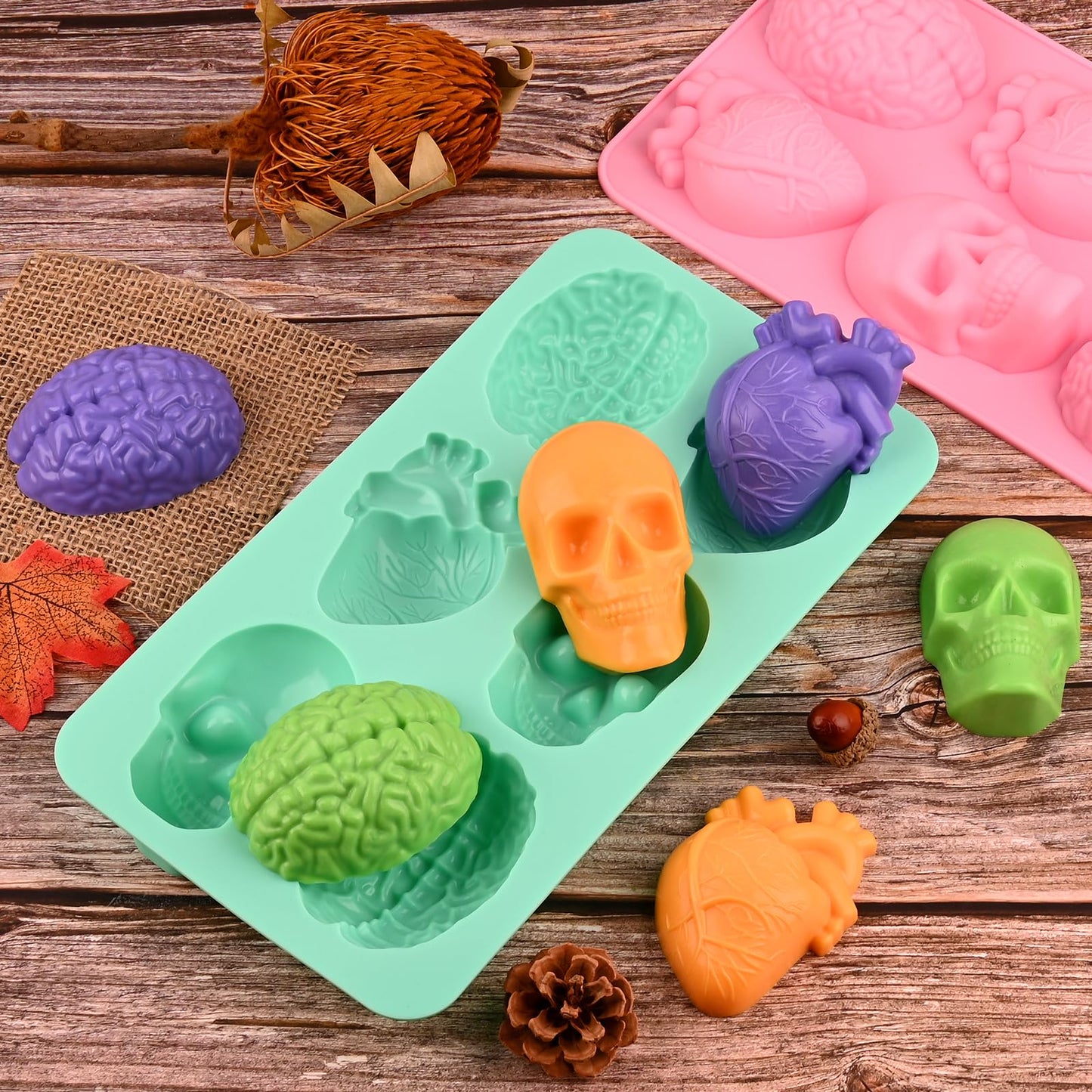 Actvty Skull Heart and Brain Silicone Molds, 3D Human Organ Soap Molds, 2 Pcs Halloween Baking Mold for DIY Cake, Chocolate, Jello, Ice Cube, Soap, Resin, Candle, Halloween Decoration