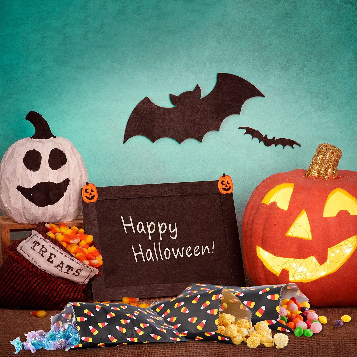 Kolewo4ever 100 Pieces Halloween Treat Bags Halloween Candy Corn Bag Paper Bags Candy Buffet Paper Bag for Chocolate Candy Cookies Party Favor