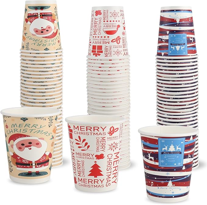 Richboom Christmas Cups, 100 Count 8 oz Disposable Christmas Coffee Cups Holiday Paper Coffee Cups Hot Chocolate Bar Suppl...