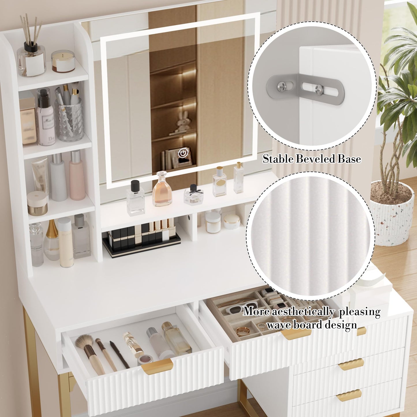 Garvee Makeup Vanity Desk with Mirror and Lights, Vanity Table with 5 Drawers, Vanity Set with Stool and Removable Side Storage Cabinet for Bedroom, White & Gold