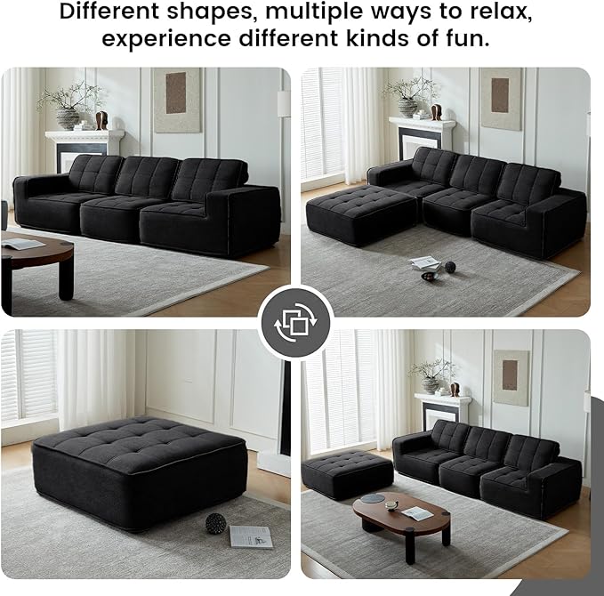 108" Boneless sectional Couch for Living Room,Convertible L-Shape Fleece Couches with Ottoman, Cloud Modular Sofa with Deep Seat for Bedroom, No Assembly,Black