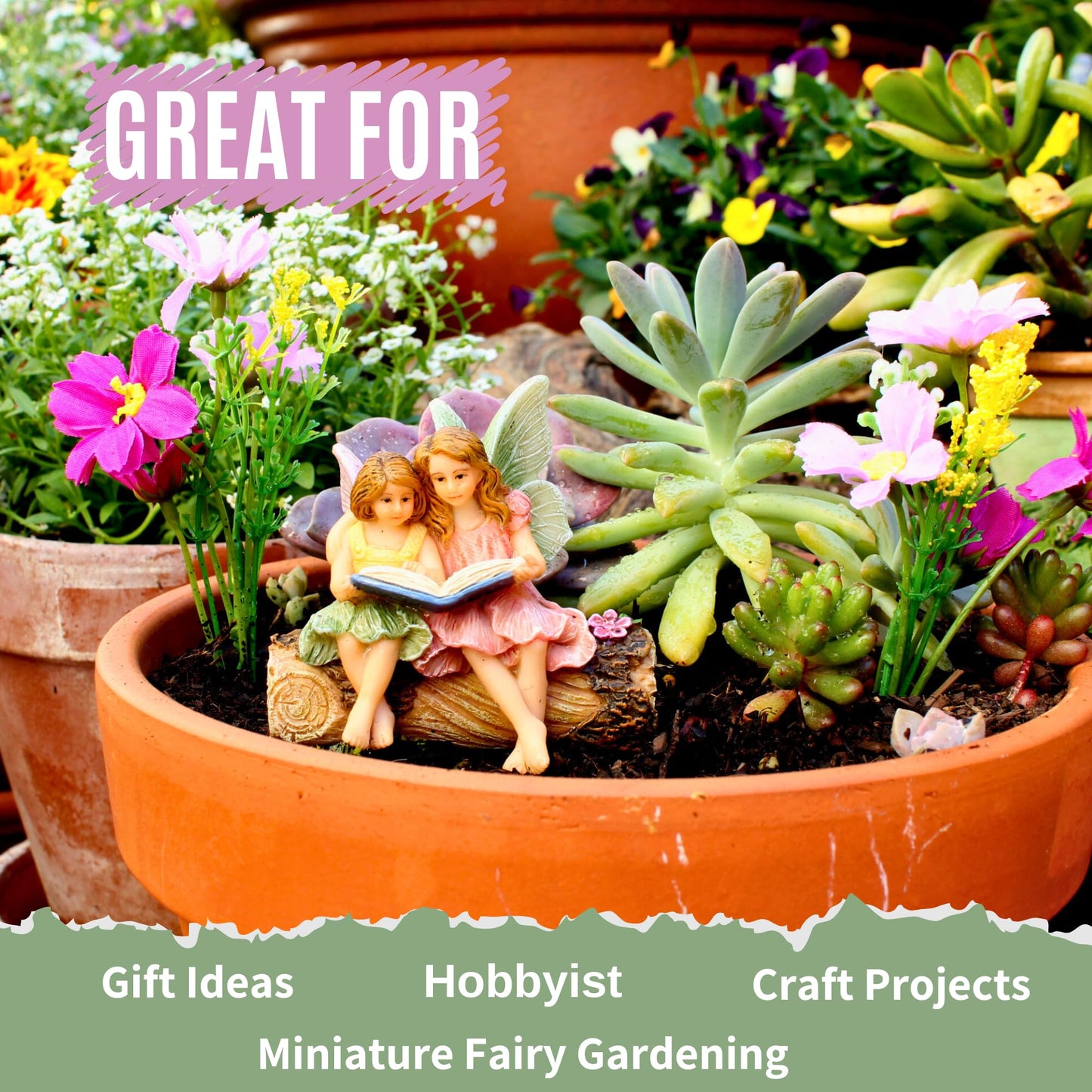 PRETMANNS Fairies for Fairy Garden - Accessories for an Outdoor or Indoor Miniature Garden – Adorable Hand-Painted Resin Figurines – 2 Sitting Sisters 1 Piece