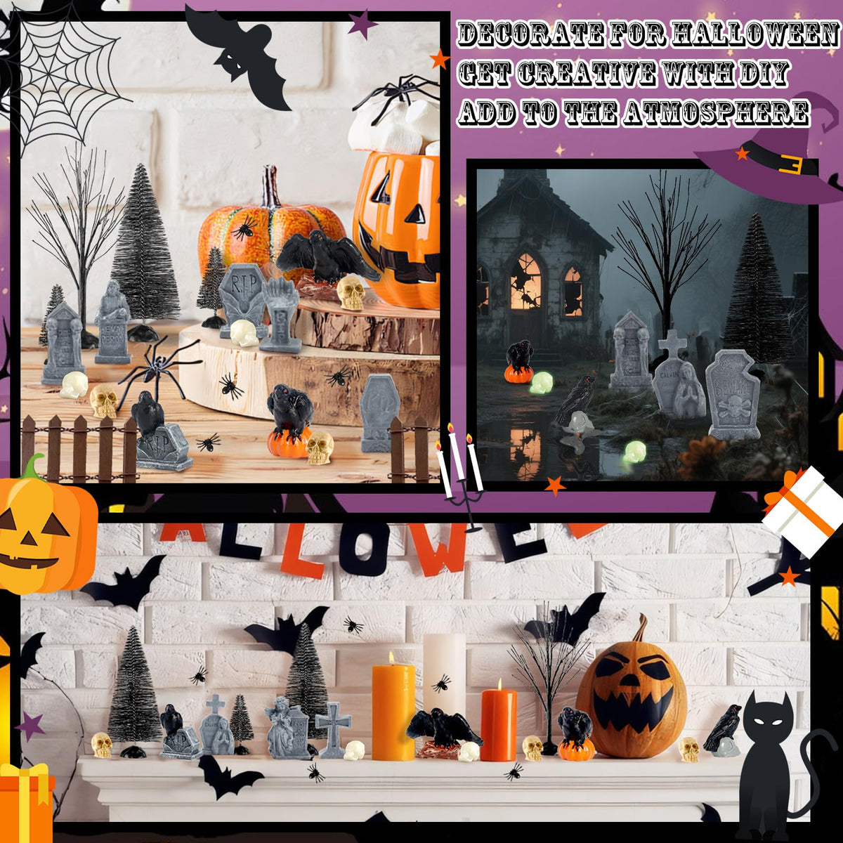 65 Pcs Halloween Village Accessories Set Miniature Tombstone Crow Figurines Mini Plastic Skulls Spiders Fence Bare Branch Trees Halloween Town Set for Mini Graveyard Scene Decor