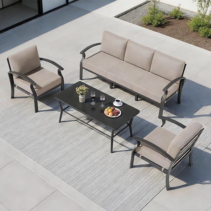 RTDTD Aluminum Outdoor Patio Furniture Set,5 Seats Patio Conversation Sets with Rectangular Coffee Table,Metal Patio Sectional Furniture Set with 5.1" Thickened Cushions,Sand