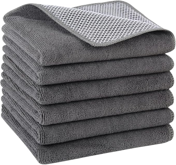 KinHwa Kitchen Washcloths for Dishes Absorbent Microfiber Dish Cloths Quick Dry Dish Rags with Poly Scour Scrub Side Ideal for Kitchen Cleaning (Gray, 15inchx25inch 6pack)