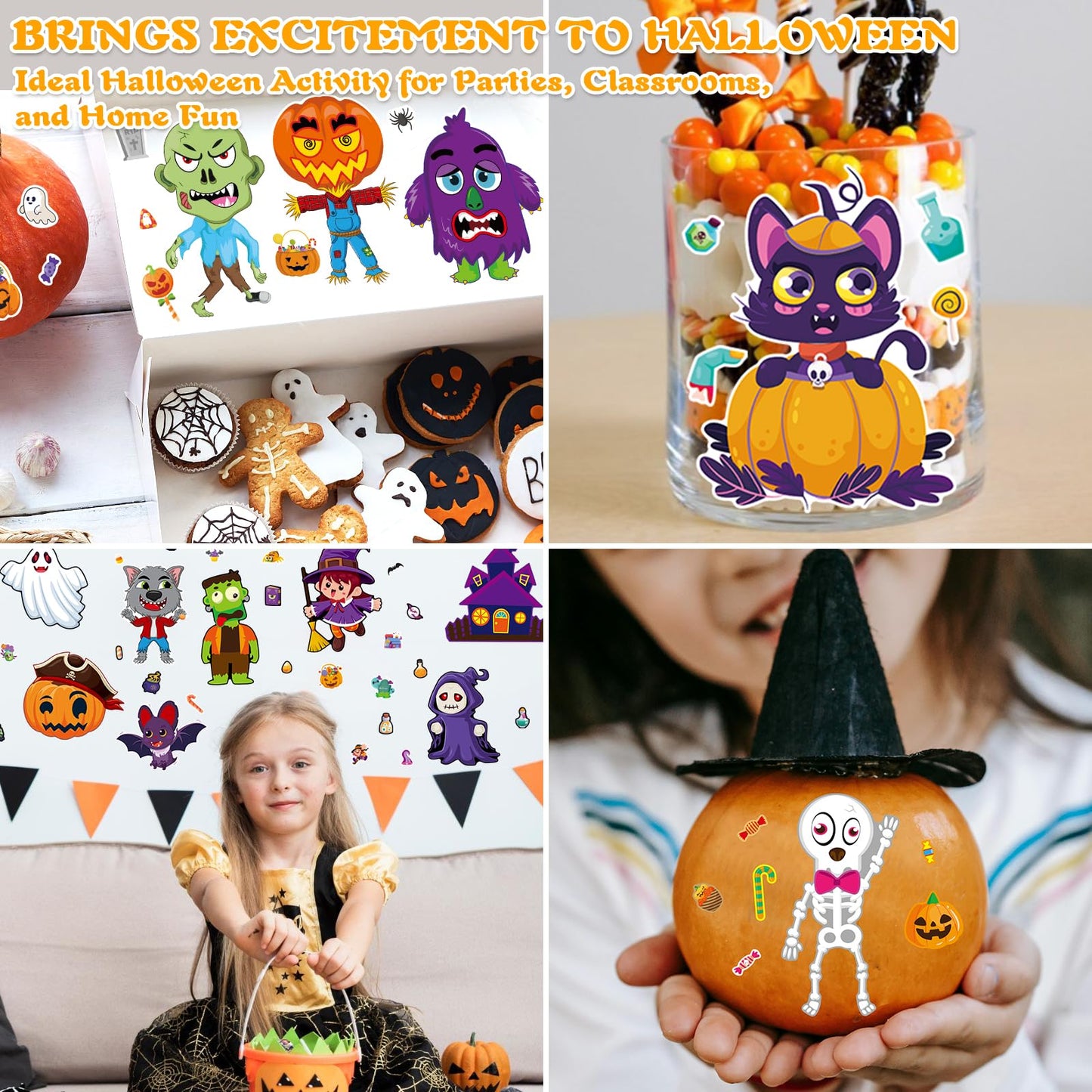 Aowplc 48 Halloween Make-a-Face Sticker Sheets for Kids - 16 Unique Designs, Mix & Match for Party Favors, Crafts, Goodie Bags Stuffers, Classroom Activities, and Holiday Games