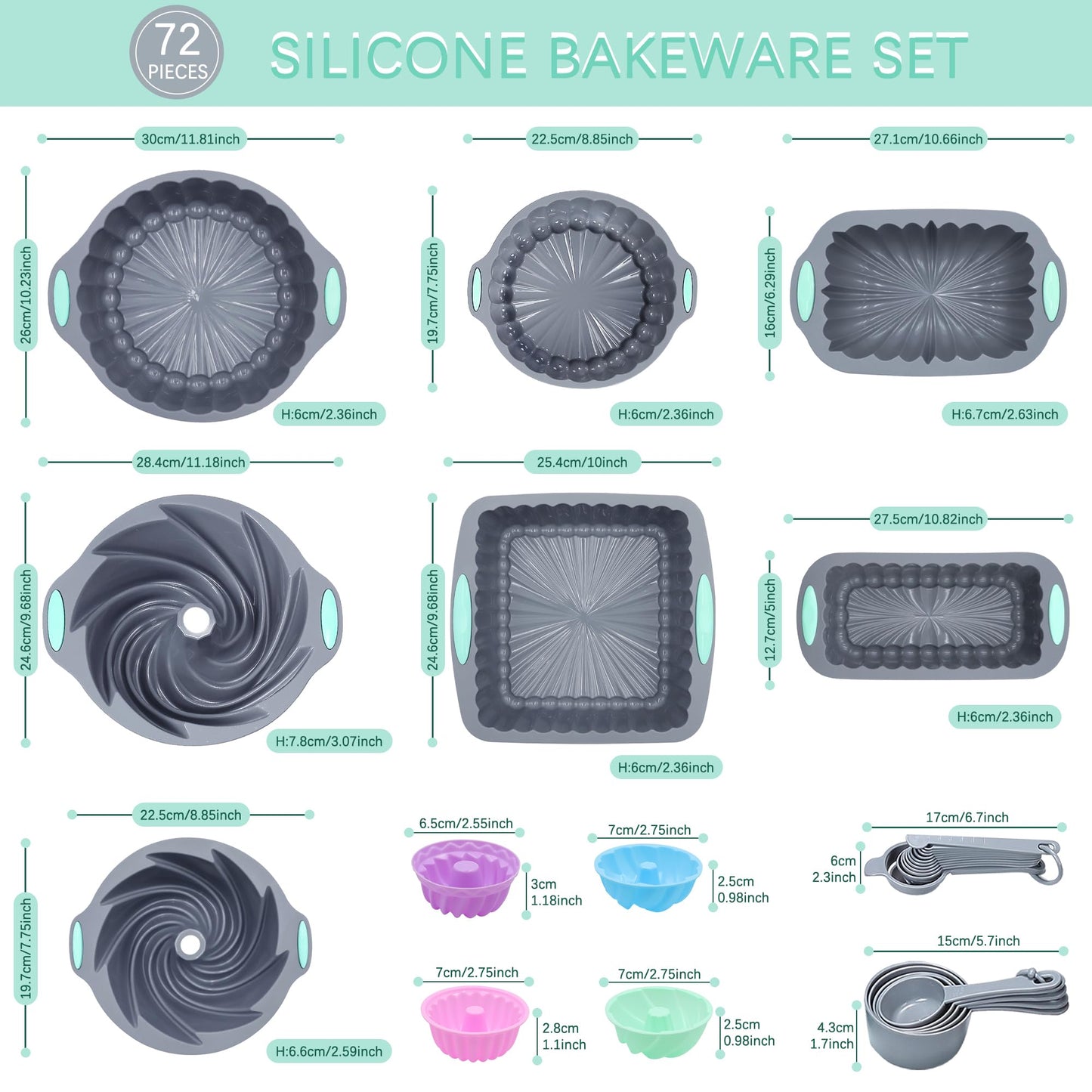 Tongjude 72 Pieces Silicone Bakeware Set, Nonstick Baking Pans Set, Easy Release Oven Silicone Pan for Kitchen with Cake Pans, Loaf Pans, Baking Cups, Measuring Cups and Spoons Set, Grey