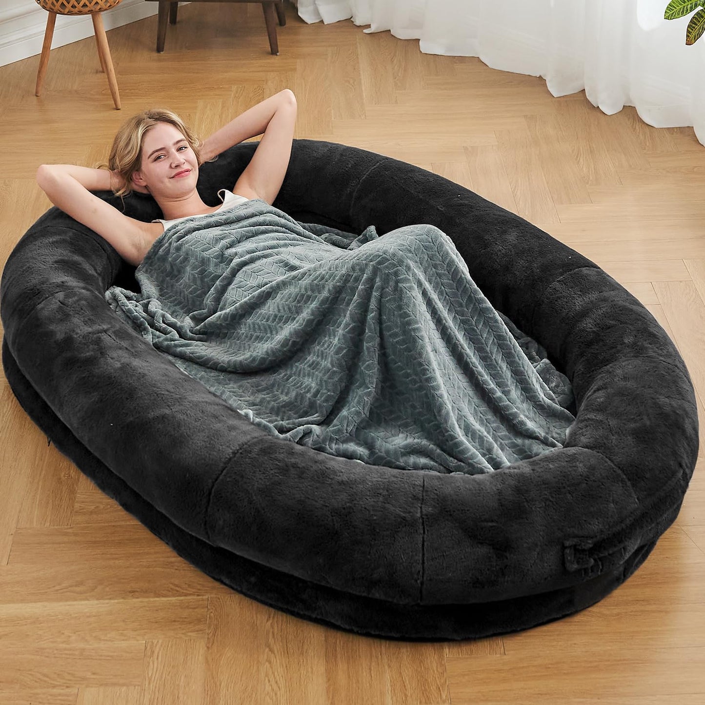 Human Dog Bed,72"x48"x10" Large Gaint Shared Bed for Adult - Flufelbed Standard Cloud Bed for Humans and Dogs - Nap Bed Bean Bag Bed Faux Fur Fluffy Orthopedic Pet Sleeping Bed - Large Charcoal