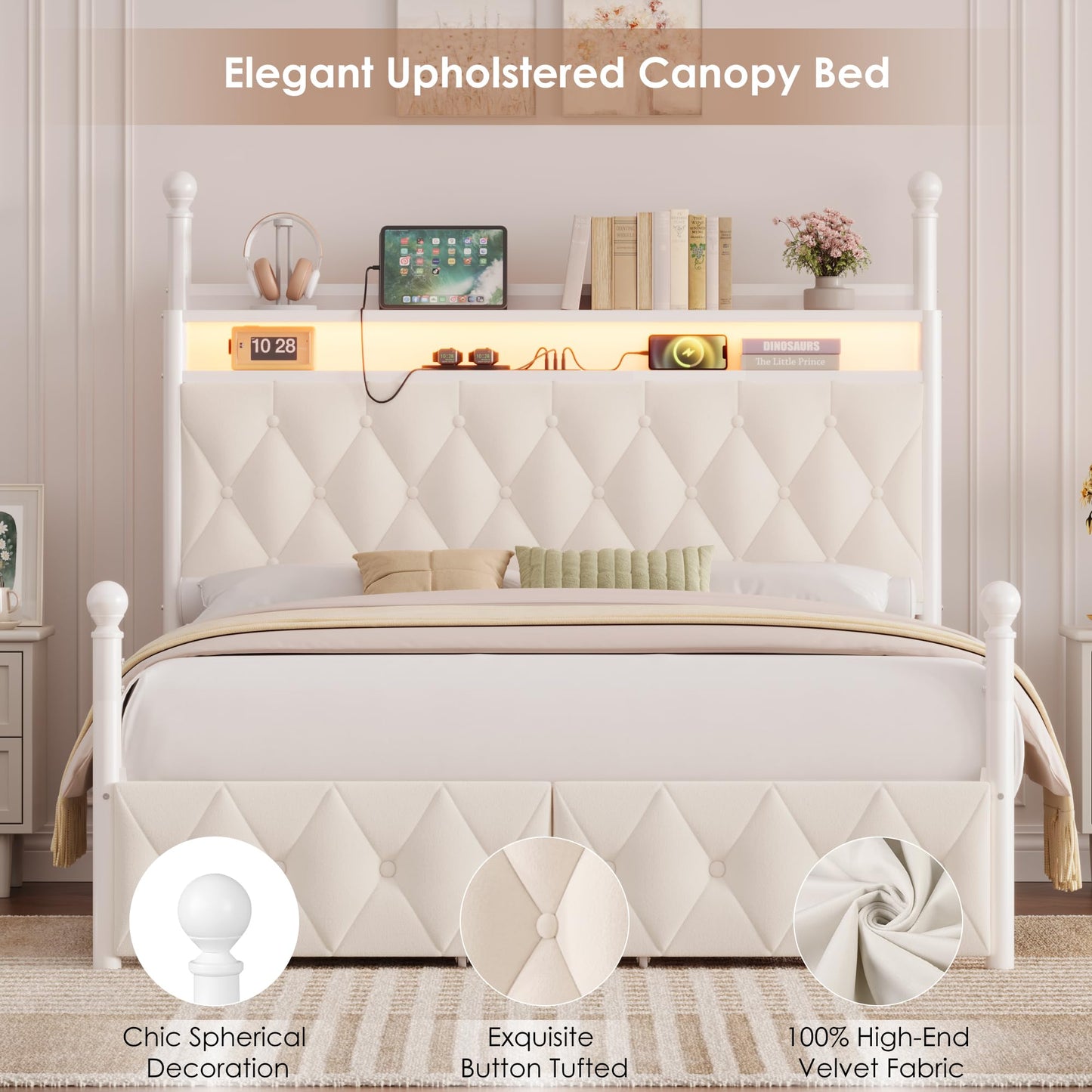 HIFIT Queen Size Upholstered LED Canopy Bed Frame with Storage and Charging Station, Button Tufted Storage Headboard with Bookshelf, Two-Use Metal Platform Bed with 4 Removable Post & 2 Drawers, Biege
