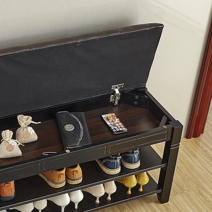 LEILISI Shoe Bench, Storage Rack Organizer with Cushion 2 Tier Lift Top Shoe Rack for Entryway Living Room Bedroom Hallway Wooden Furniture (Black, 31.5'')