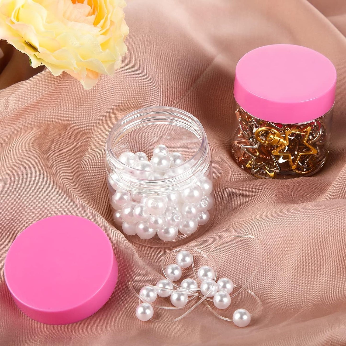 SATINIOR 12 Pack 2 oz Plastic Container Jars with Lids Round Clear Travel Cosmetic Container Slime Jars for Toiletries, Lotion, Cream, Ointments, Makeup, Rhinestone, Samples, Kitchen Storage(Pink)