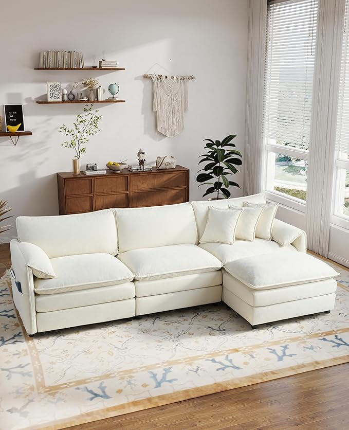 RENDGO 109" Modular Sectional Sofa with 1 Ottoman, Chenille Cloud Couch for Living Room & Apartment, Deep Seat Comfort, Flexible L-Shape Combination Sofa for Home & Office,Beige