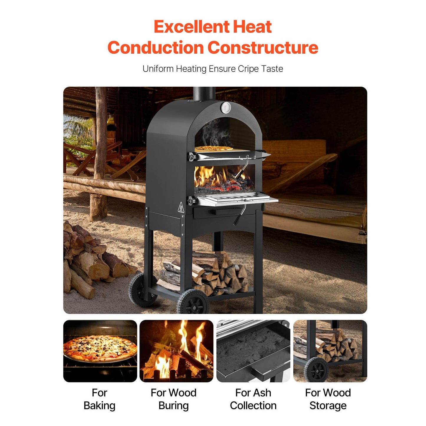 VEVOR Portable Outdoor Oven, 12-inch Stand Pizza Oven with Casters, Pellet & Chips & Charcoal & Firewood Four Fuel, Baked Paint Pizza Grill, Includes Pizza Stone, Pizza Shovel, for Camping & Backyard
