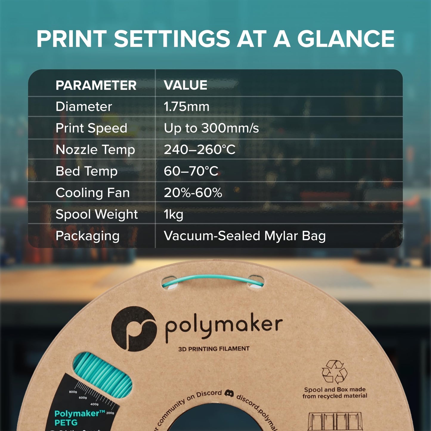 Polymaker PETG Black 3D Printer Filament 1.75mm 1kg, High Speed PETG up to 300mm/s, High Strength New Formula, Excellent Layer Adhesion, Warp Free, Compatible with Most 3D Printers