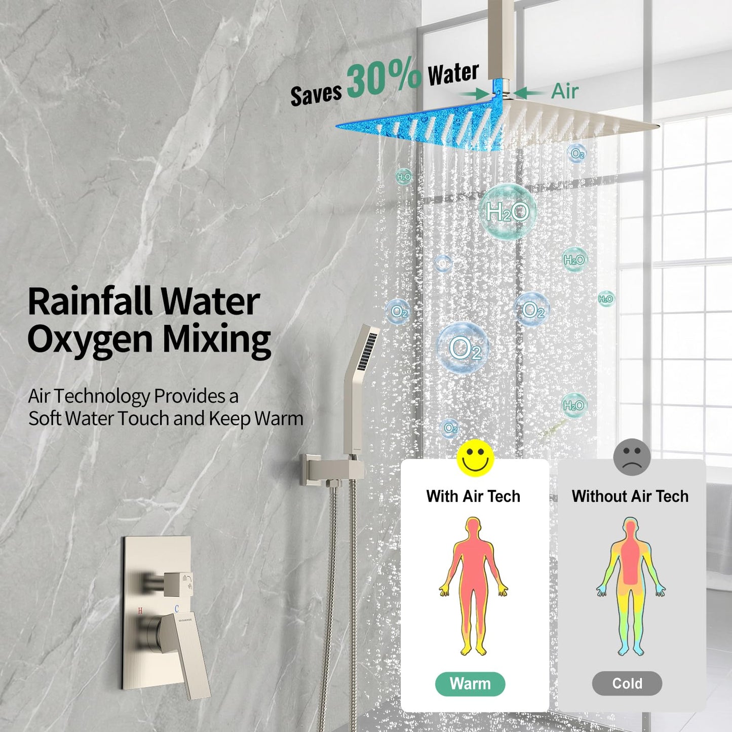 SR SUN RISE 12 Inch Ceiling Mount Brushed Nickel Shower System Bathroom Luxury Rain Mixer Shower Combo Set Ceiling Rainfall Shower Head System Faucet Trim Repair Kits with Rough-in Valve and Trim