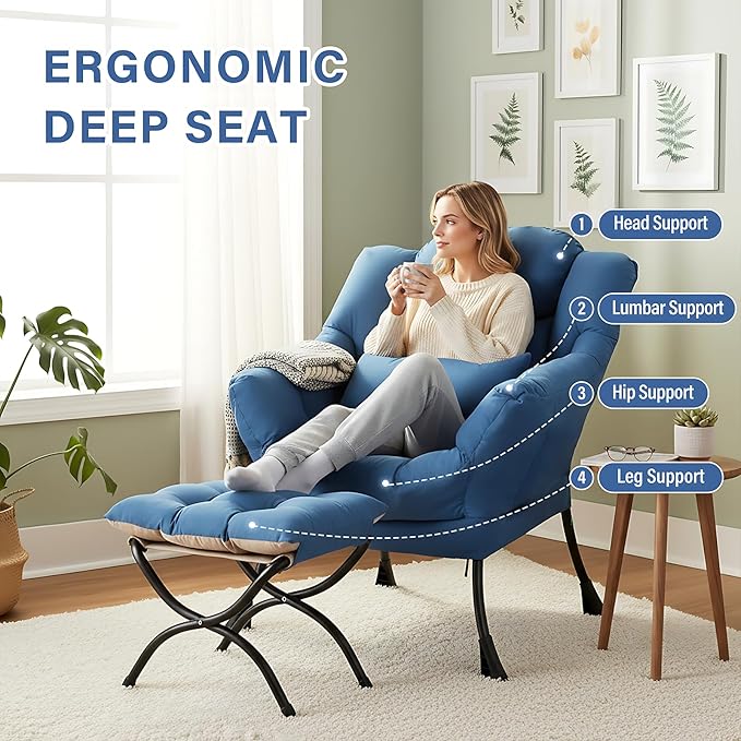 Furlide Lazy Chair with Ottoman, Modern Lounge Chair with Lumbar Pillow, Accent Cozy Reading Armchair and Folding Footstool for Bedroom, Dorm, Living Room,Peacock Blue