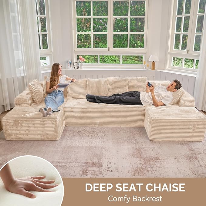 131'' U Shaped Sectional Couches with Chaise Lounge, No Assembly Required Deep Seat Modular Cloud Sofa for Living Room 1PCS, Bedroom(Khaki)
