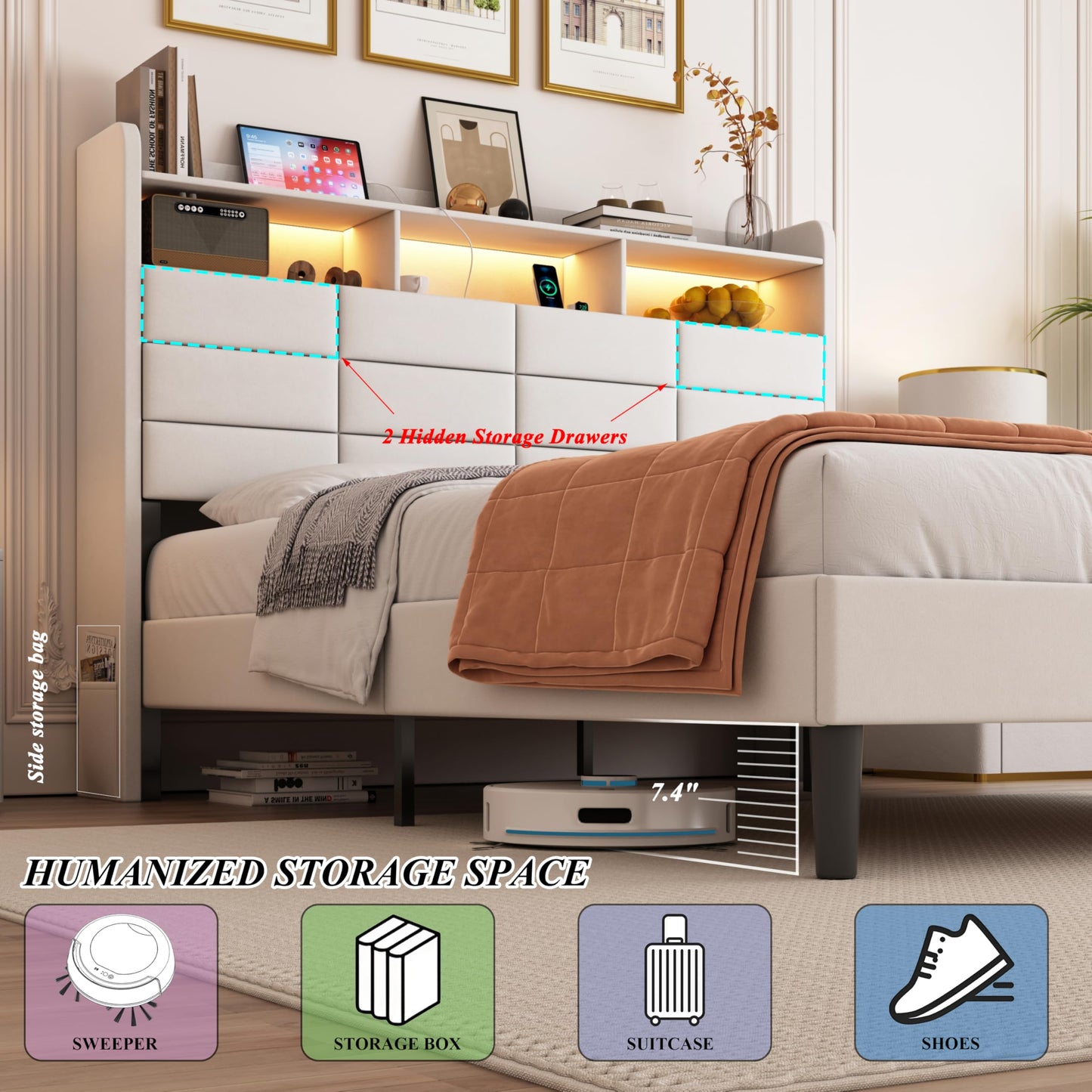 Etditrnp LED Bed Frame Queen Size with Storage Headboard, 2 Hidden Drawers and Charging Station, Velvet Bed Frames with Led Lights, Wooden Slats Support, Easy Assembly, No Box Spring Needed, Beige