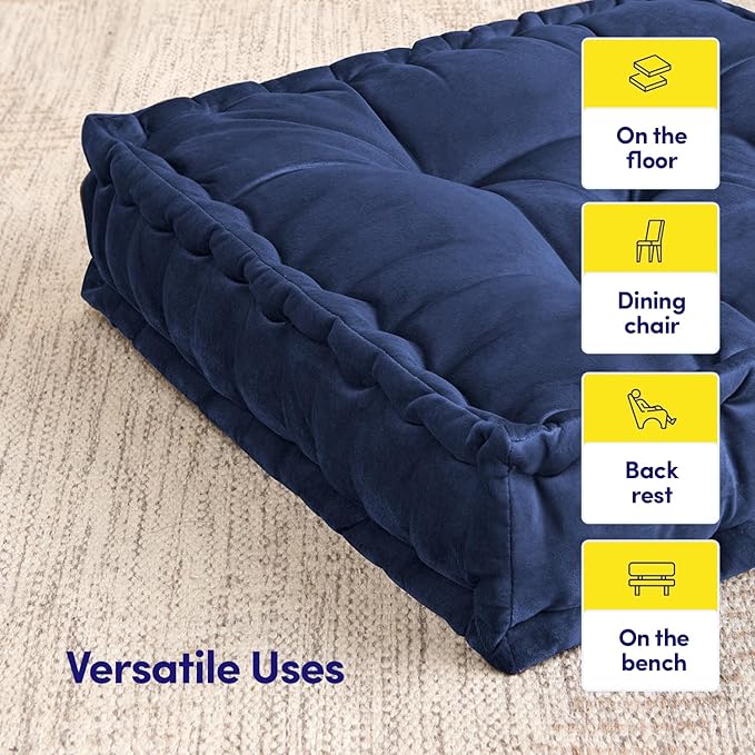Sweet Home Collection Floor Pillow Large Square Tufted Decorative Cushion. Faux Velvet Fabric Ultra Thick Fill for Kids and Adults, 2 Pack, Navy.