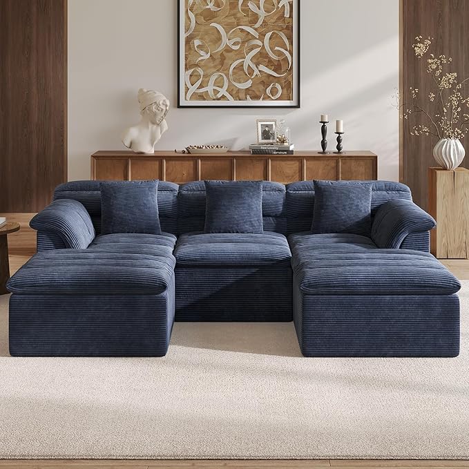 SUNG7 111.8" Modular Sofa with Ottoman, Boneless Cloud Couch with Deep Seat, Comfy U-Shape Corduroy Couches for Living Room, No Assembly Required, Blue