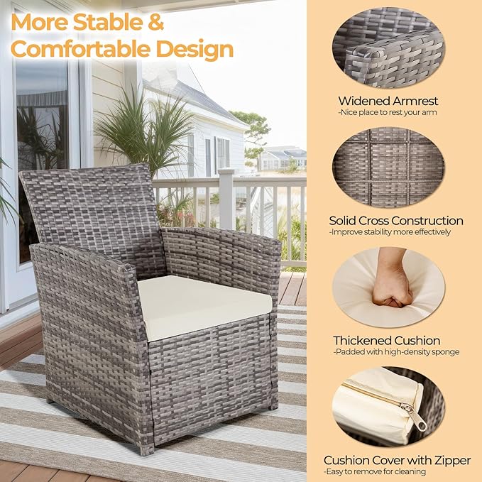FHFO 6 Pieces Outdoor Patio Furniture Set, Wicker Sectional Sofa Patio Conversation Set Couch with Ottomans Rattan Chair and Table for Garden, Yard,Gray-Beige