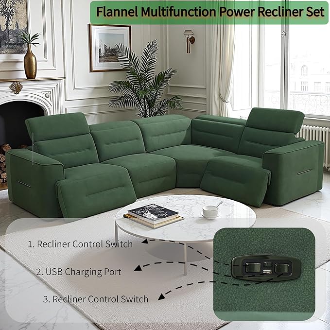 Power Recliner Sectional Sofa Set with USB Ports, Flannel Recliner Sofa Set with Adjustable Headrest, Reclining Sectional Couches, L-Shaped Living Room Furniture Set (Green, 4-Seater)