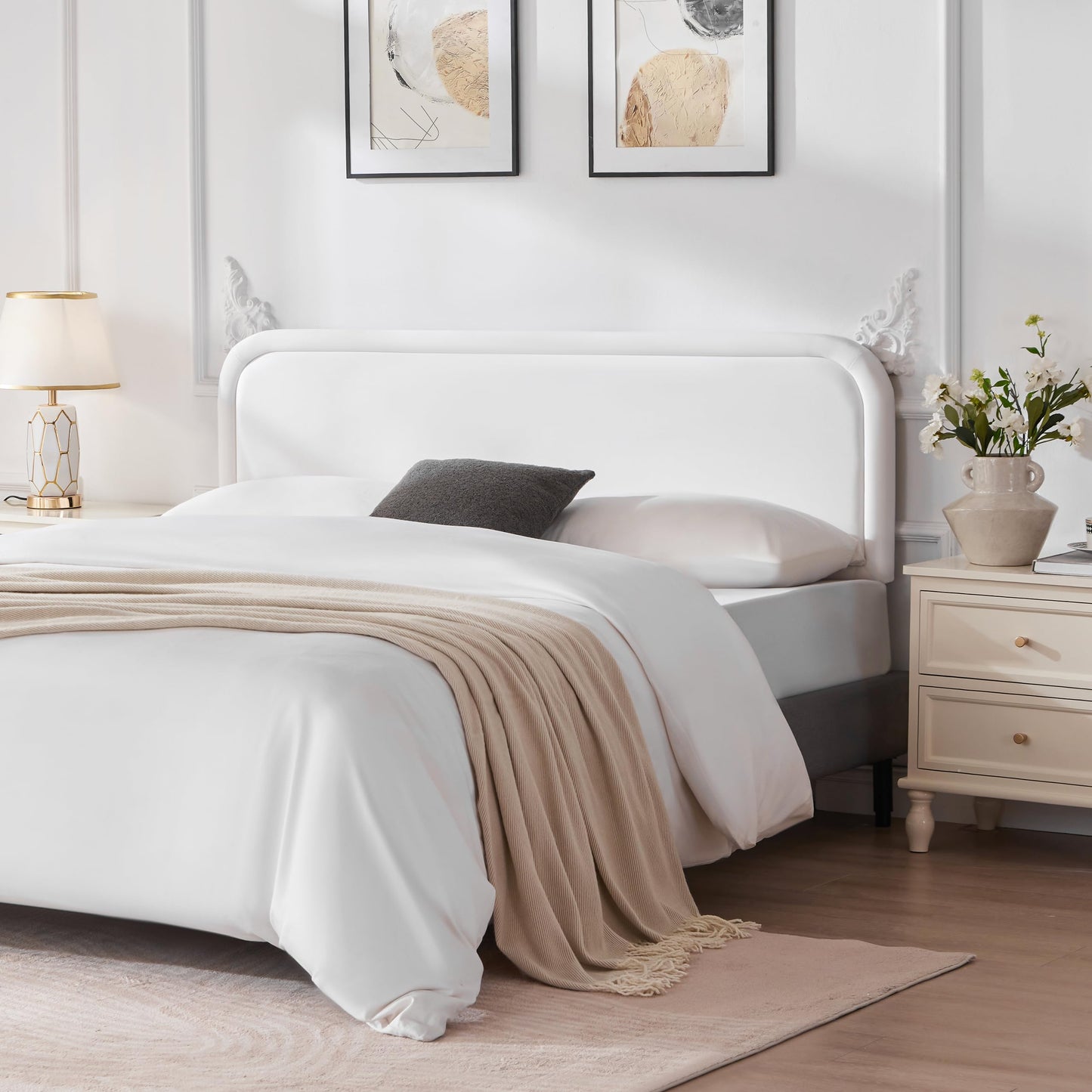 Howjoe Velvet Fabric Headboard Queen, Upholstered Headboard Queen Size Only, Dorm Bed Headboards from 41” to 49” Height, Sturdy and Durable Solid Wood Bed Head Board, White
