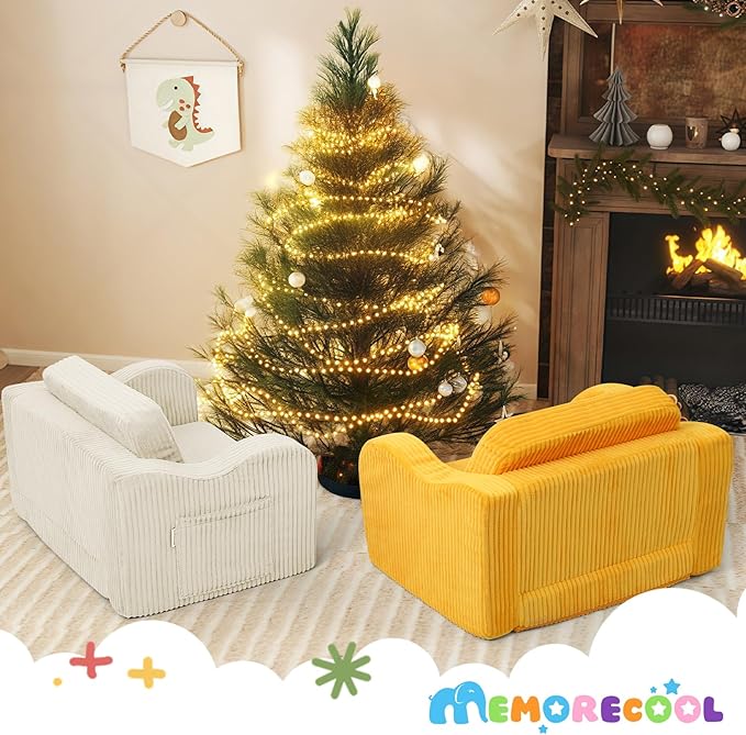 MeMoreCool Toddler Chair 2‑in‑1 Foldable Kids Couch Bed, Beige (Ages 1‑3) – Corduroy Lounge Chair That Pulls Out into Sofa‑Bed | High‑Density Foam, Machine‑Washable Cover for Little Ones
