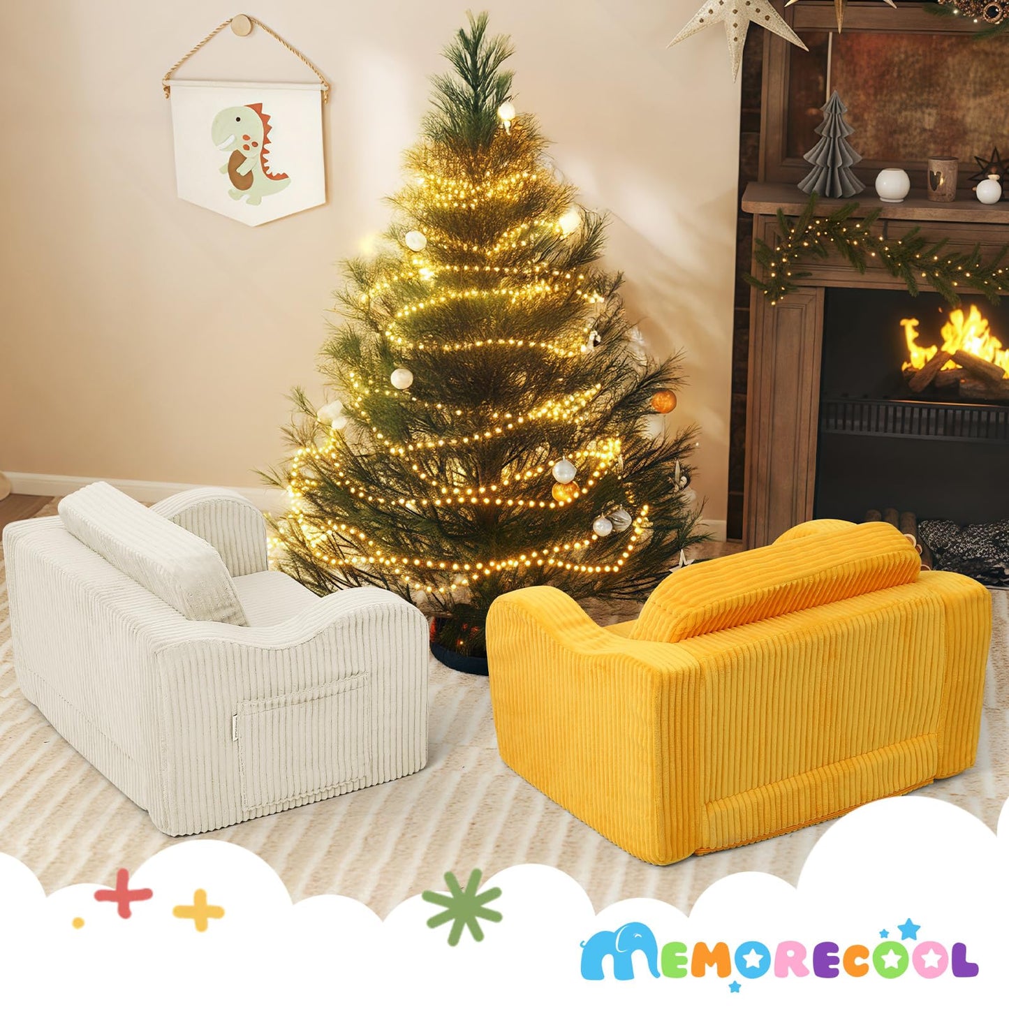 MeMoreCool Toddler Chair Comfy for 1-3 Years Old, Corduroy Kids Couch Bed Fold Out, 2-in-1 Foldable Baby Lounge Chair, Pull Out Children Sofa Bed, Beige