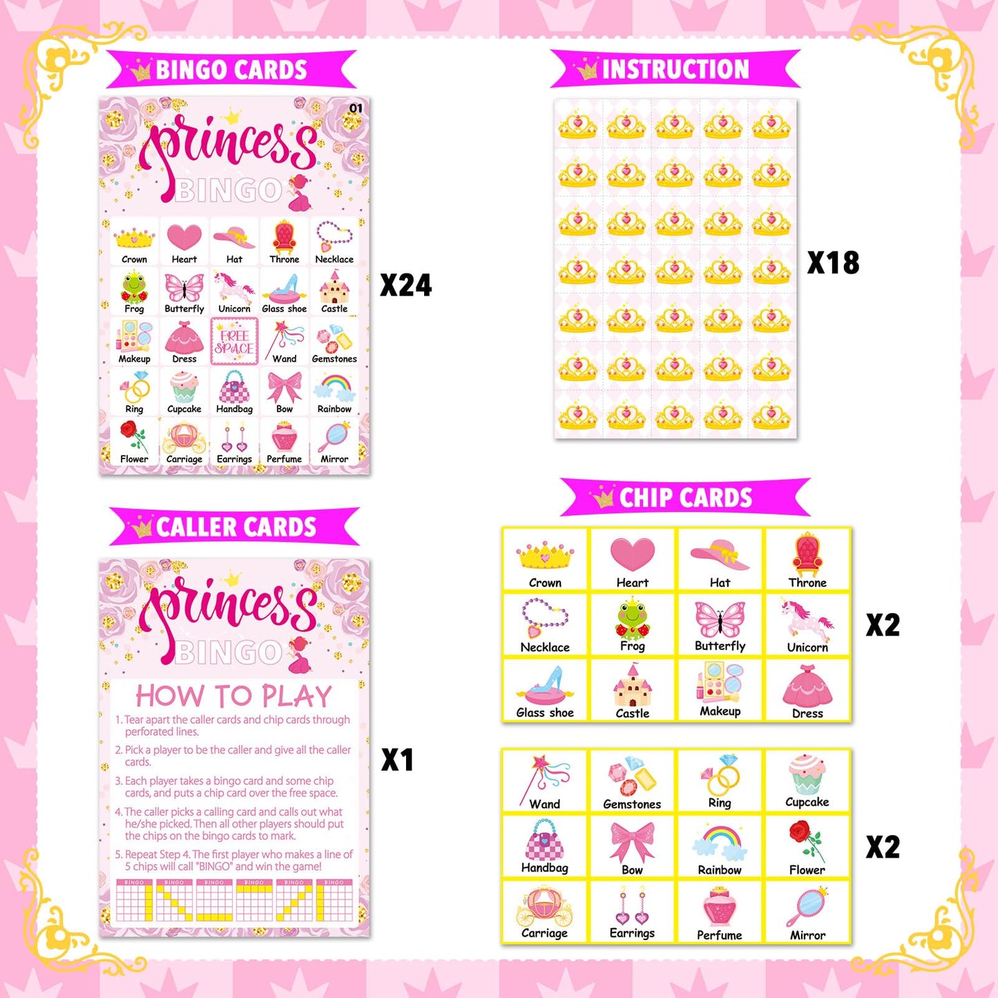 Omlisca Pink Princess Bingo Game 24 Players Bingo Games Cards for Tea Party Decorations Princess Birthday Family Holiday Party Supplies School Activities Bridal Shower Wedding Party Favors